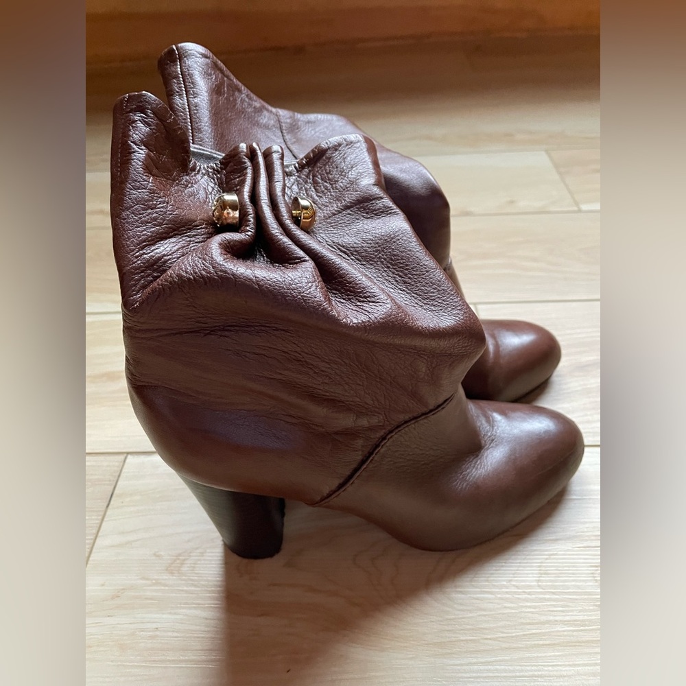 Tory Burch Chestnut Brown Leather Ankle Booties with Gold Accent